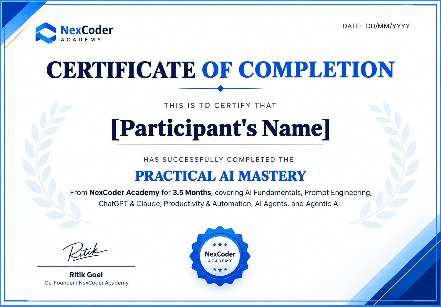 Sample NexCoder Academy certificate of completion