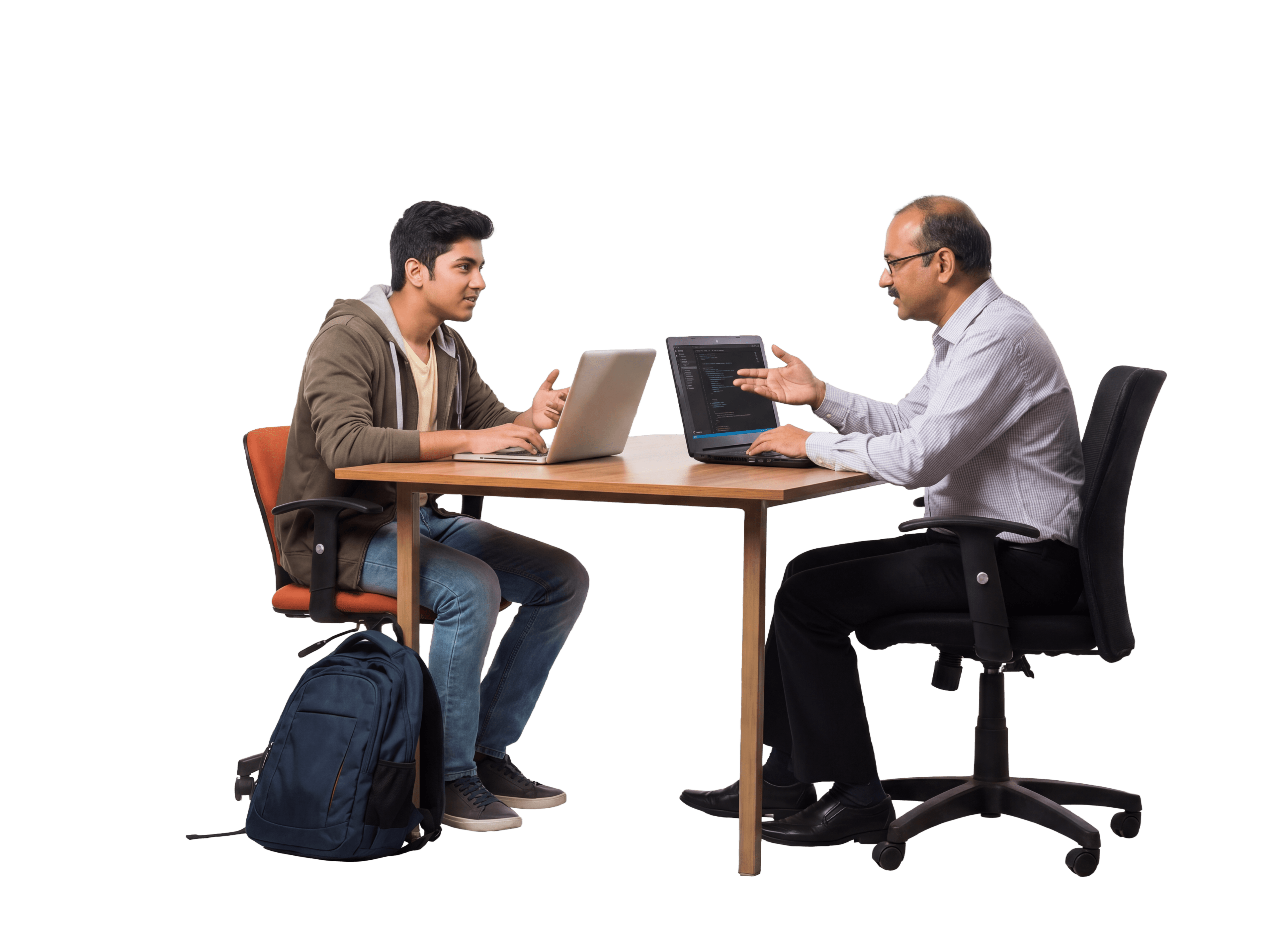 Mentor guiding a student through code on a laptop